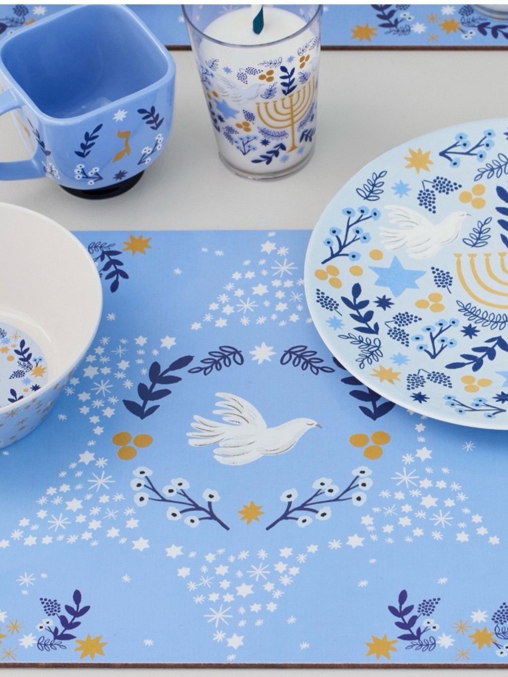 Pottery Barn Kids Blue and White Dove Hanukkah Dinnerware Set with Gold Accents